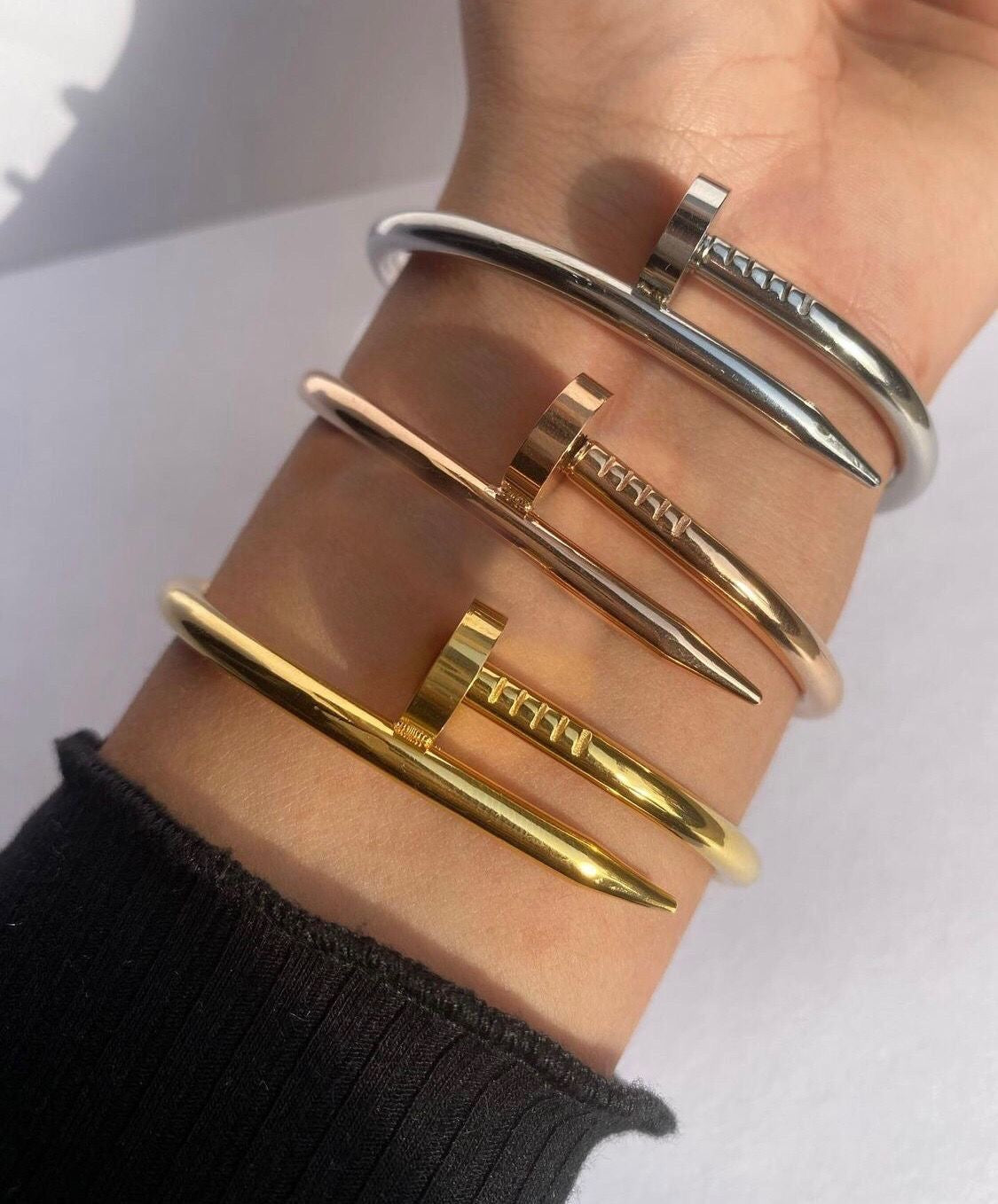 Anti-Tarnish Cartier Nail Bangle – Gold, Rose Gold & Silver jewellerylovers