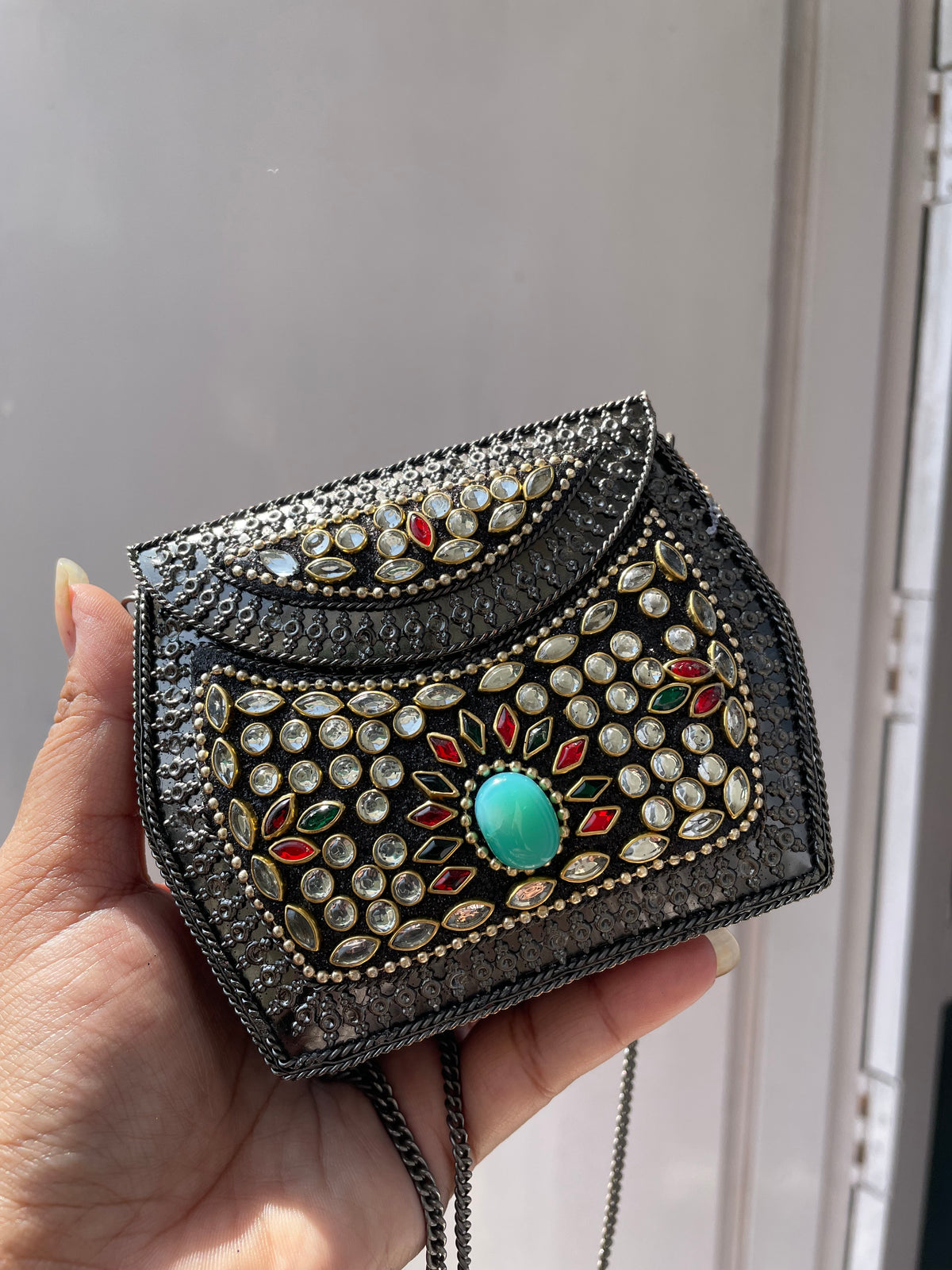 Kundan Multi stone Small Brass Bag jewellerylovers