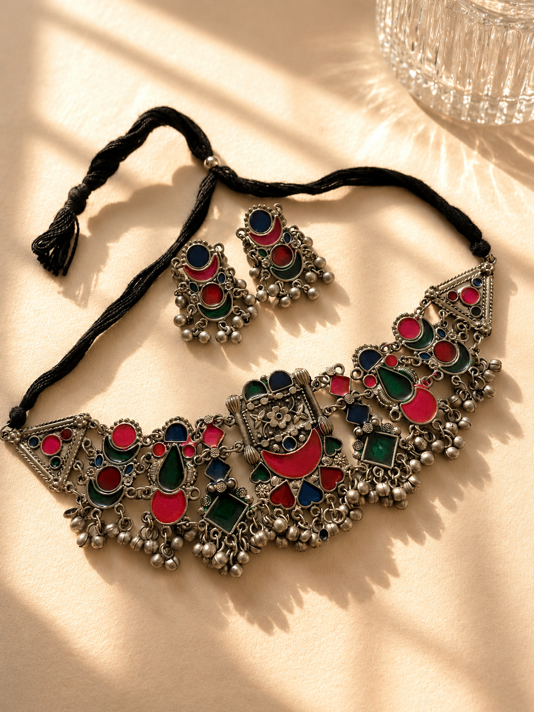 Multicolour afghani choker necklace with earrings jewellerylovers