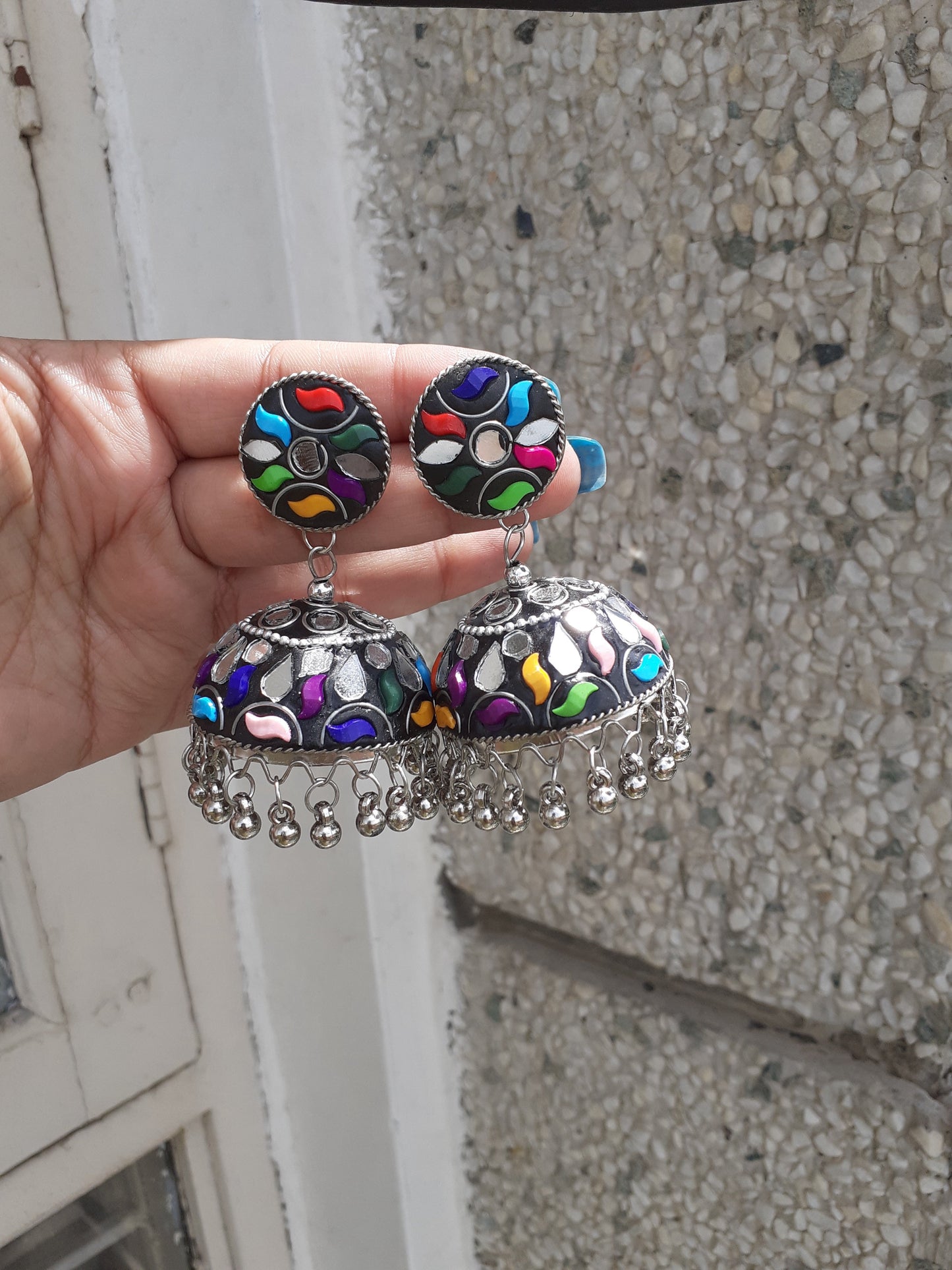 Shop multicolour mirror jhumka at Jewellery Lovers. Anti-tarnish, trendy & perfect for daily or festive wear. Free shipping available. jewellerylovers