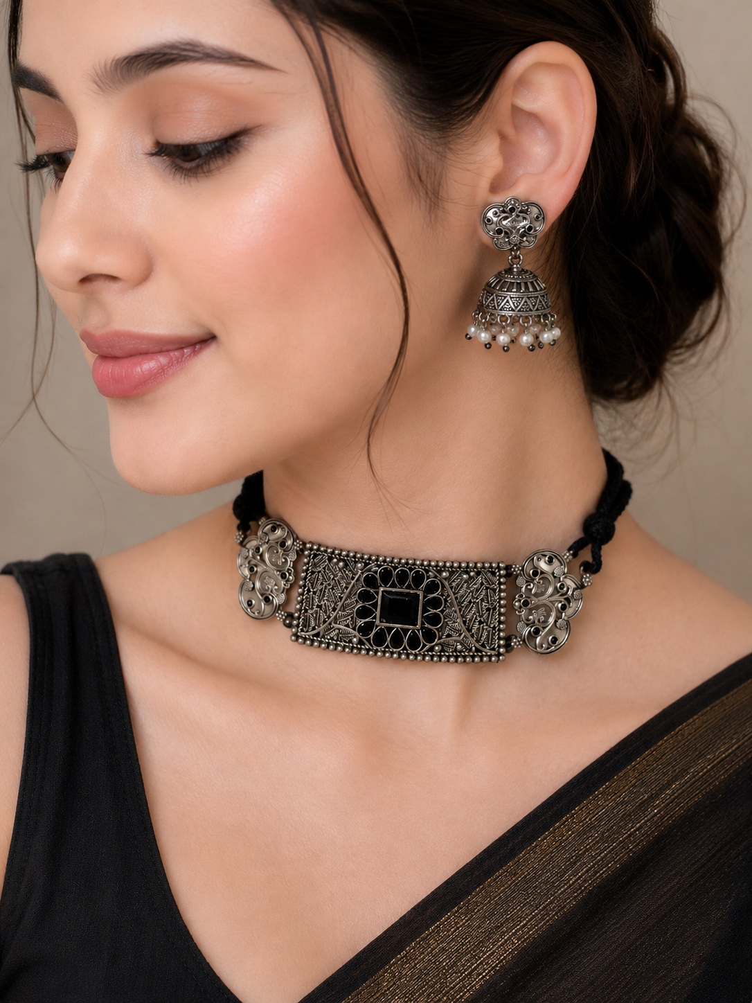 Silver dual tone choker necklace with earrings jewellerylovers