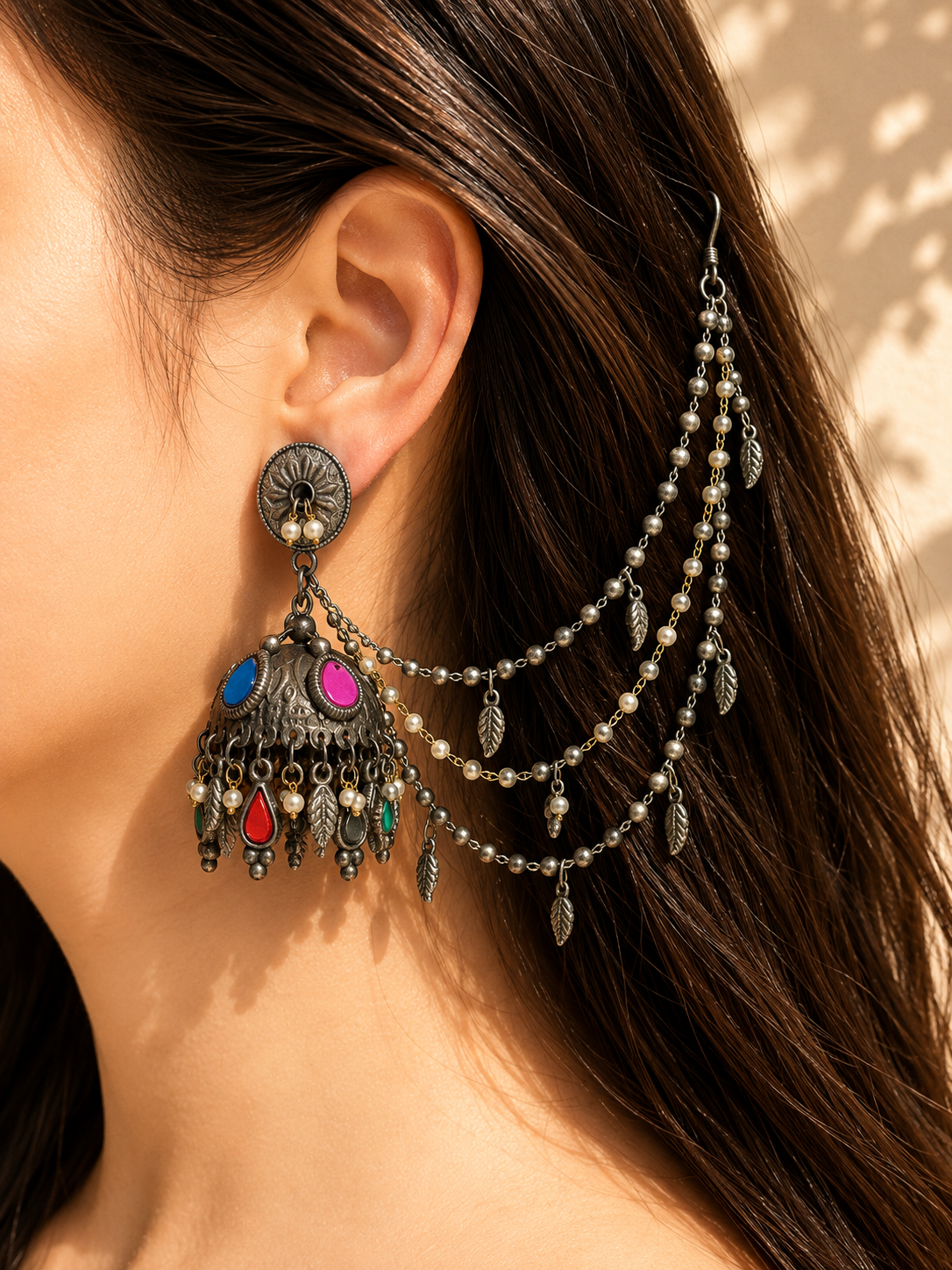 Multicolour glass earrings with earchain jewellerylovers