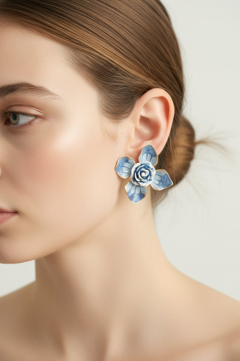 Floral earrings on a white background with 'Fashion Jewelry' label.
