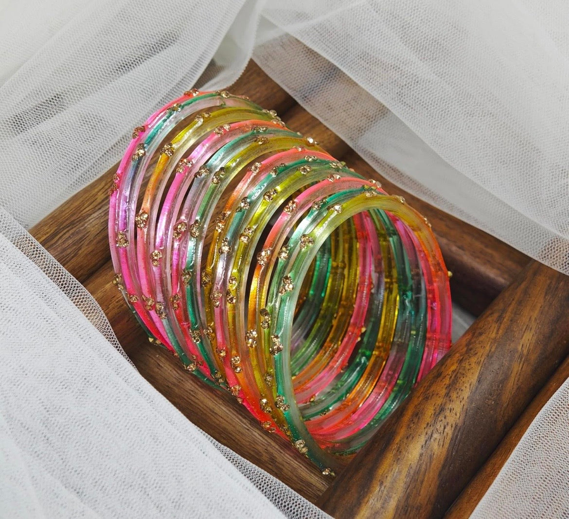 Glittery Multicolour Kashmiri Glass Bangles set of 16 bangles jewellerylovers