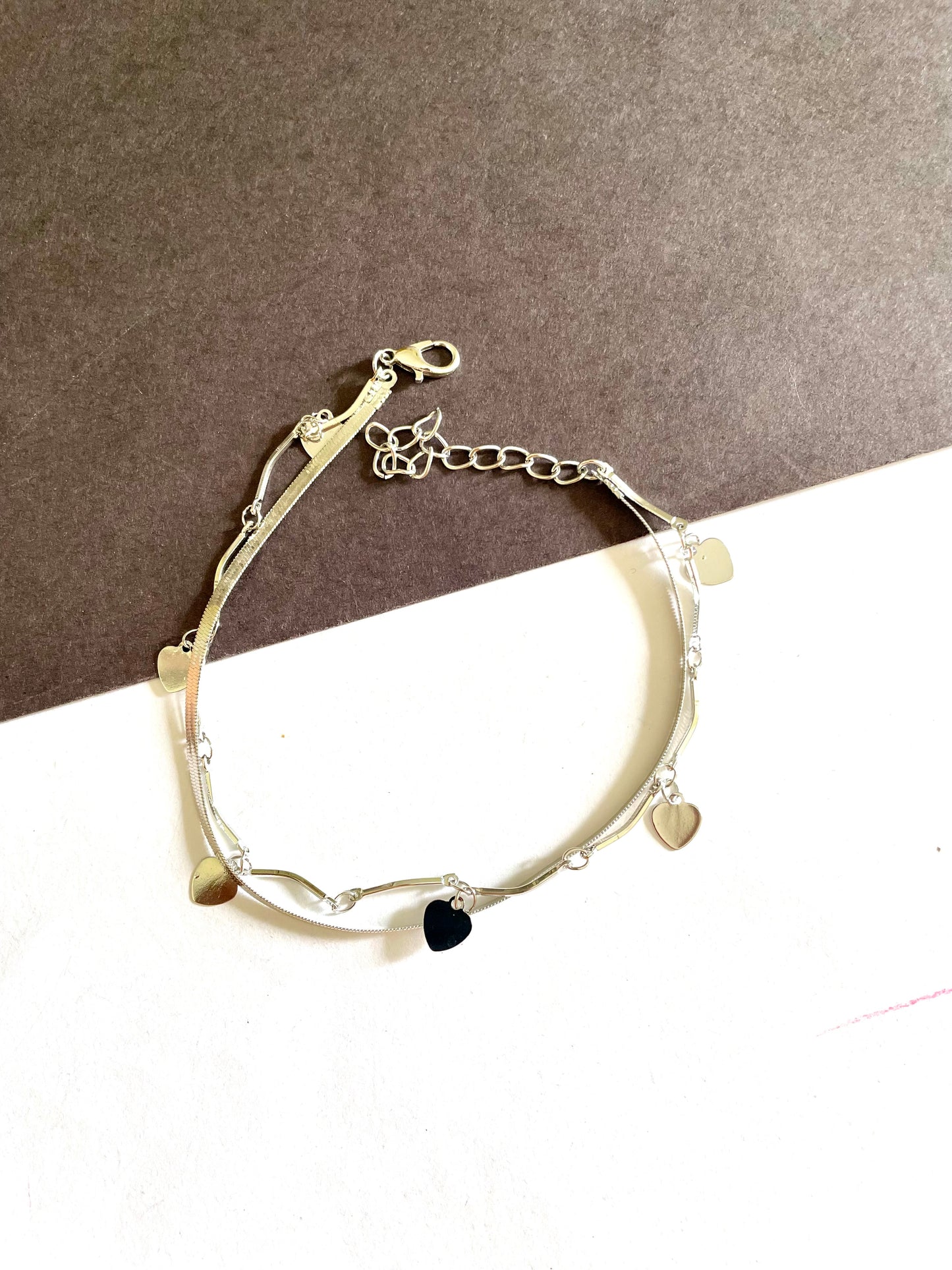 Silver heart double layer anklet