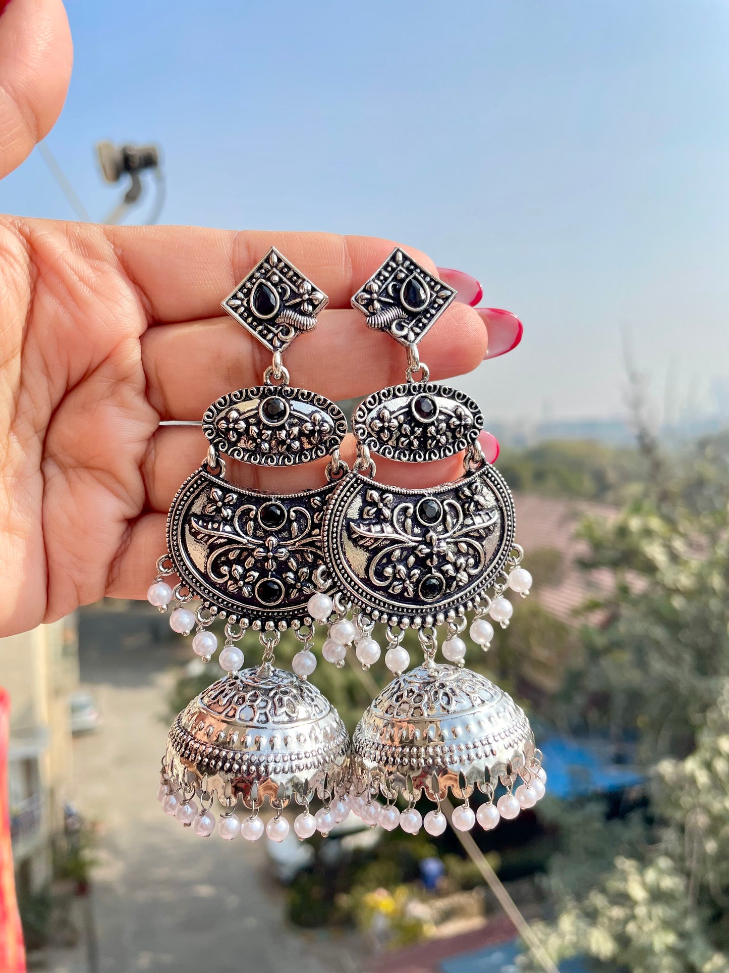 Silver kashmiri jhumkas