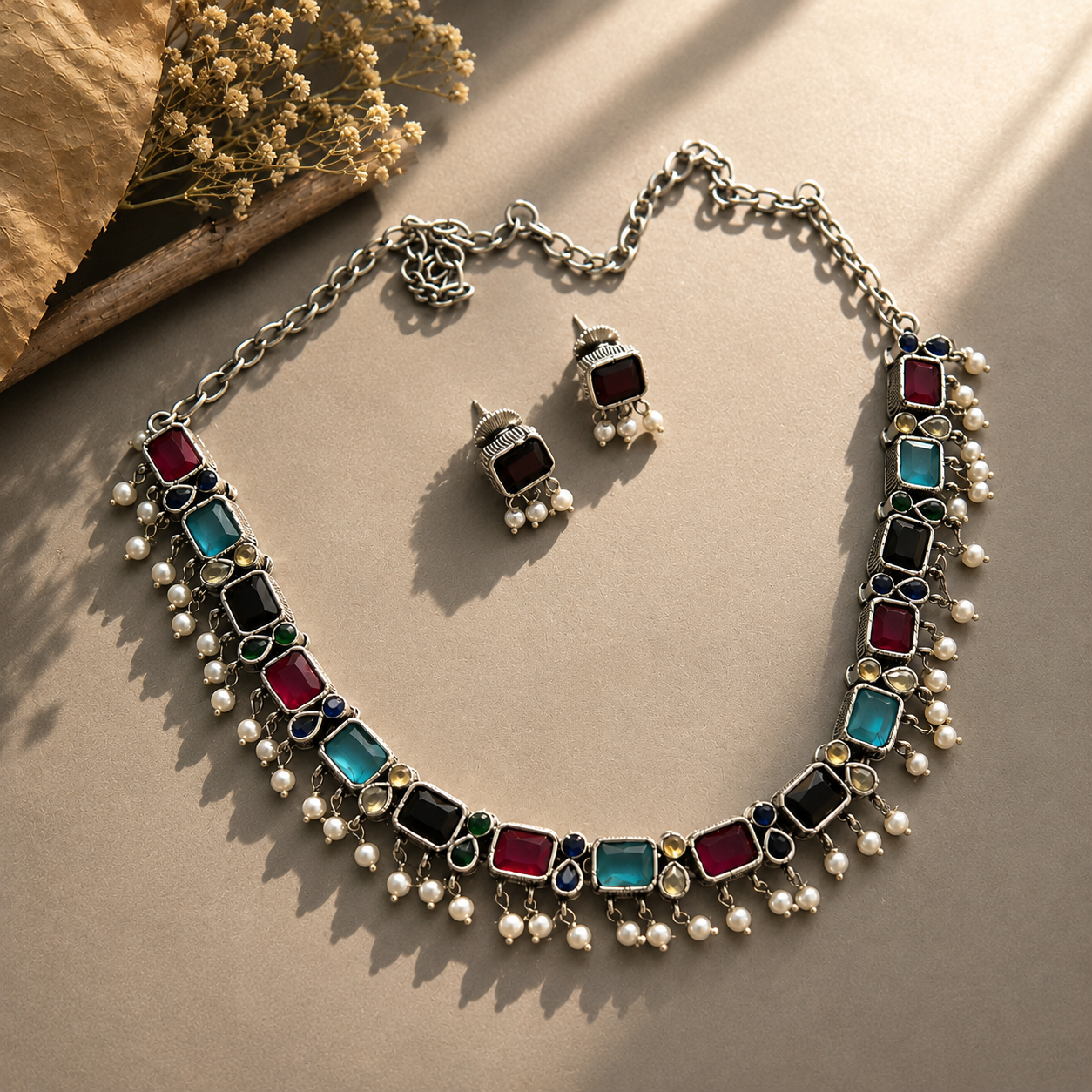 Multicolour choker necklace with earrings jewellerylovers