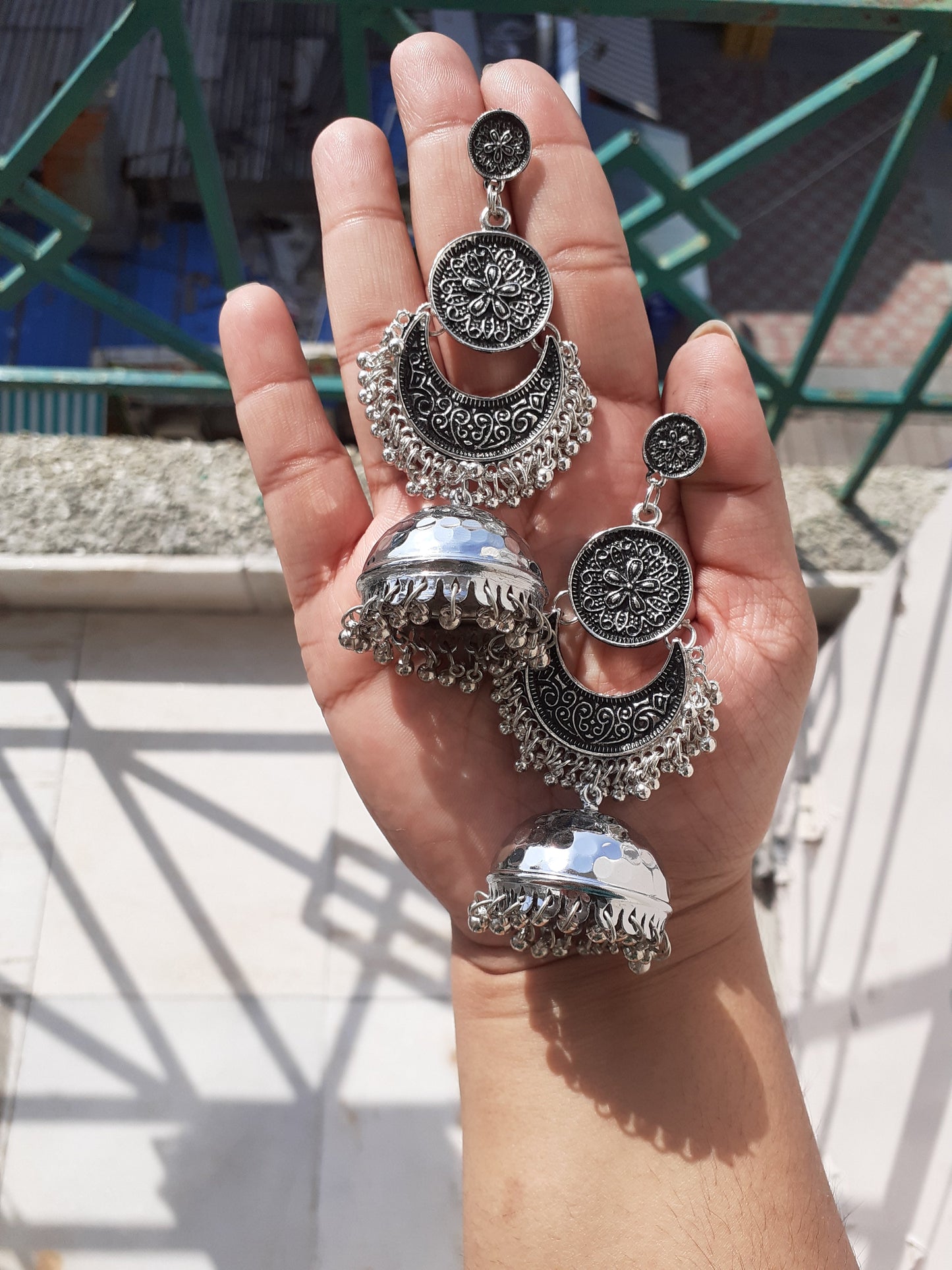 Shop silver double layer chaandbali at Jewellery Lovers. Anti-tarnish, trendy & perfect for daily or festive wear. Free shipping available. jewellerylovers