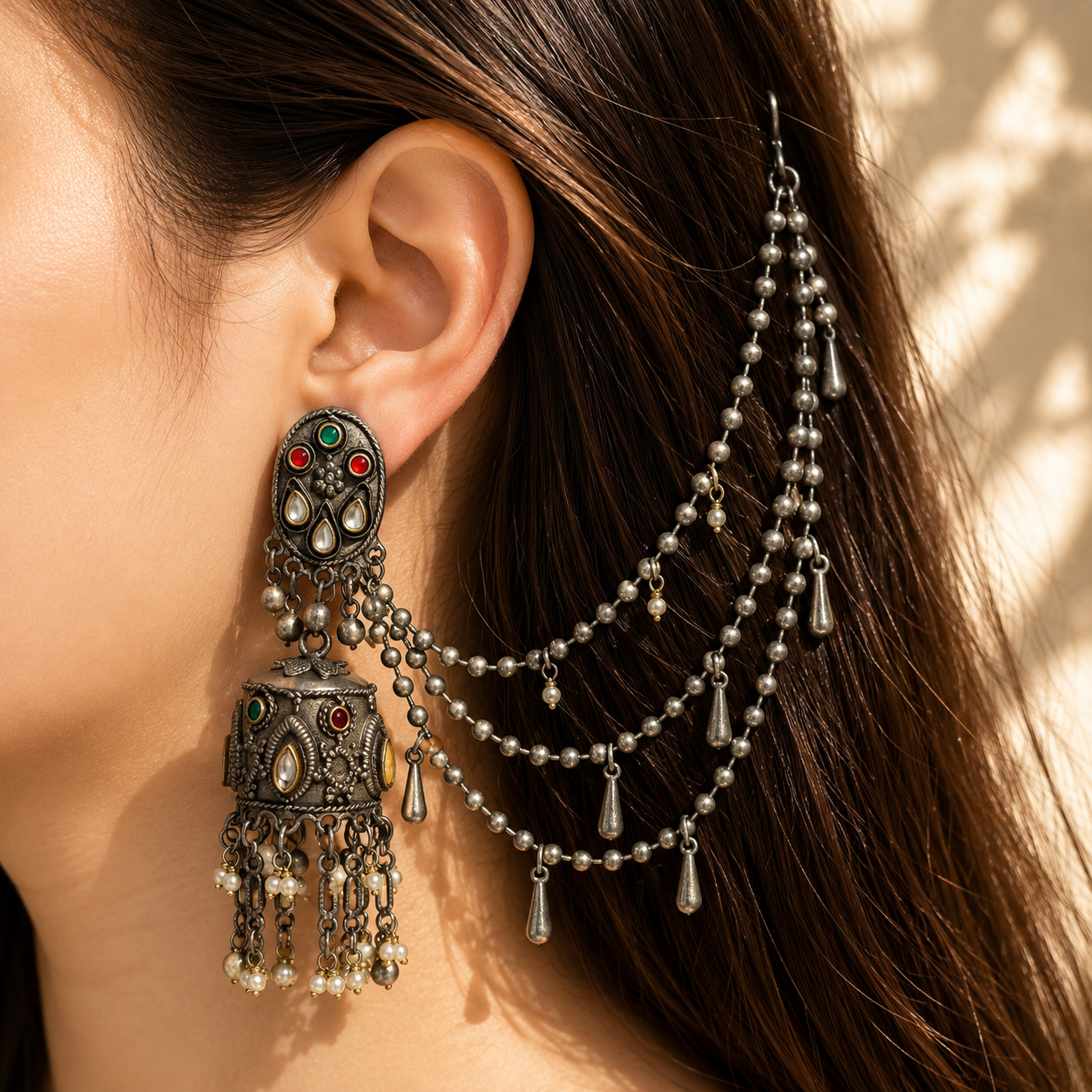 Dual tone silver earrings with earchain jewellerylovers