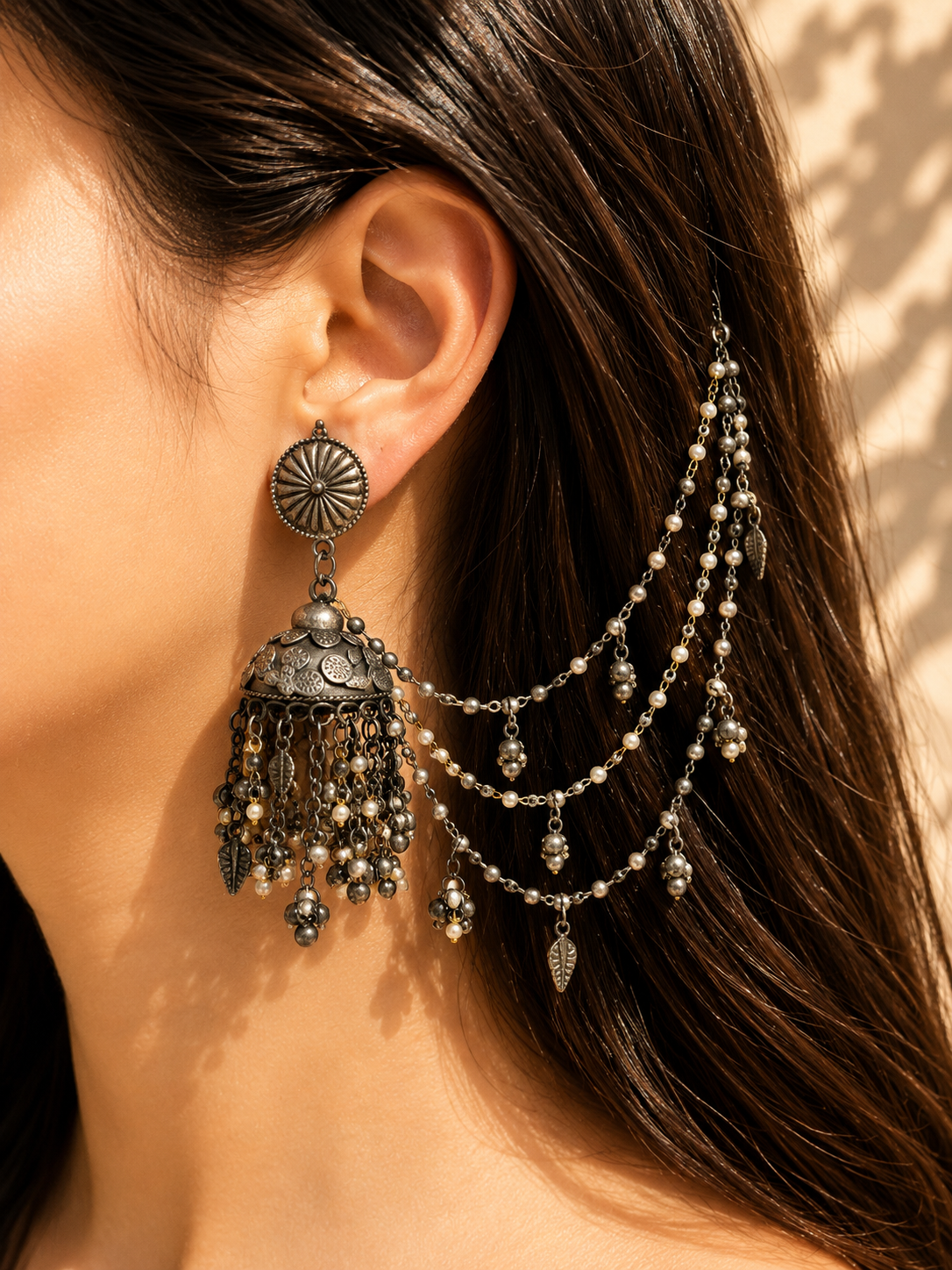 Silver dual tone earchain jhumka jewellerylovers