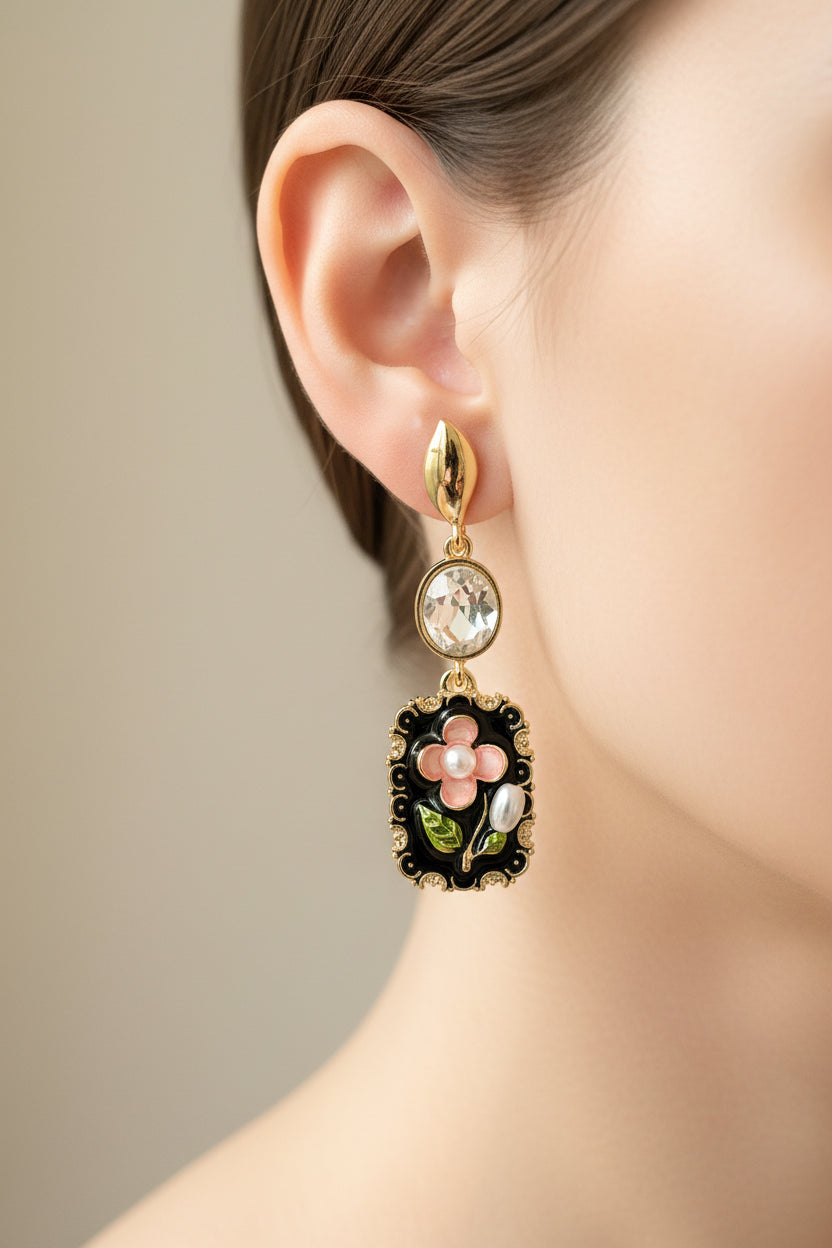 Pair of floral earrings on a white card with a light gray background