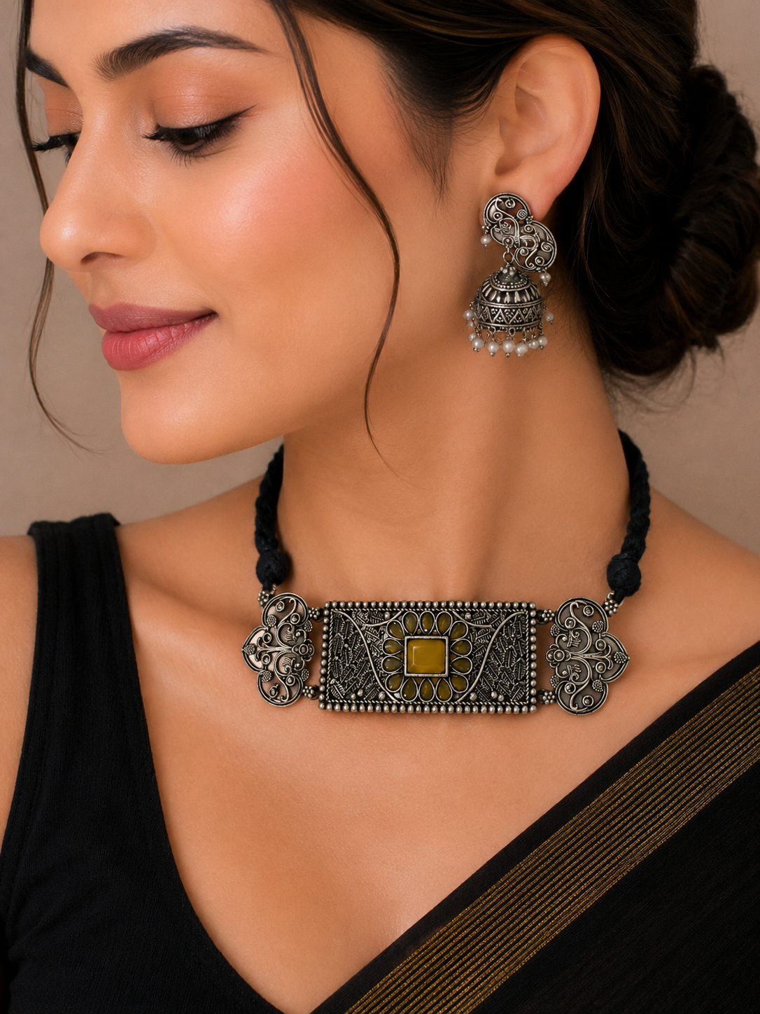 Silver dual tone choker necklace with earrings jewellerylovers