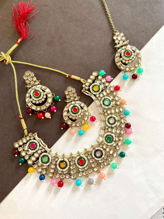 Shop multicolour kundan necklace set with earrings at Jewellery Lovers. Anti-tarnish, trendy & perfect for daily or festive wear. Free shipping available. jewellerylovers