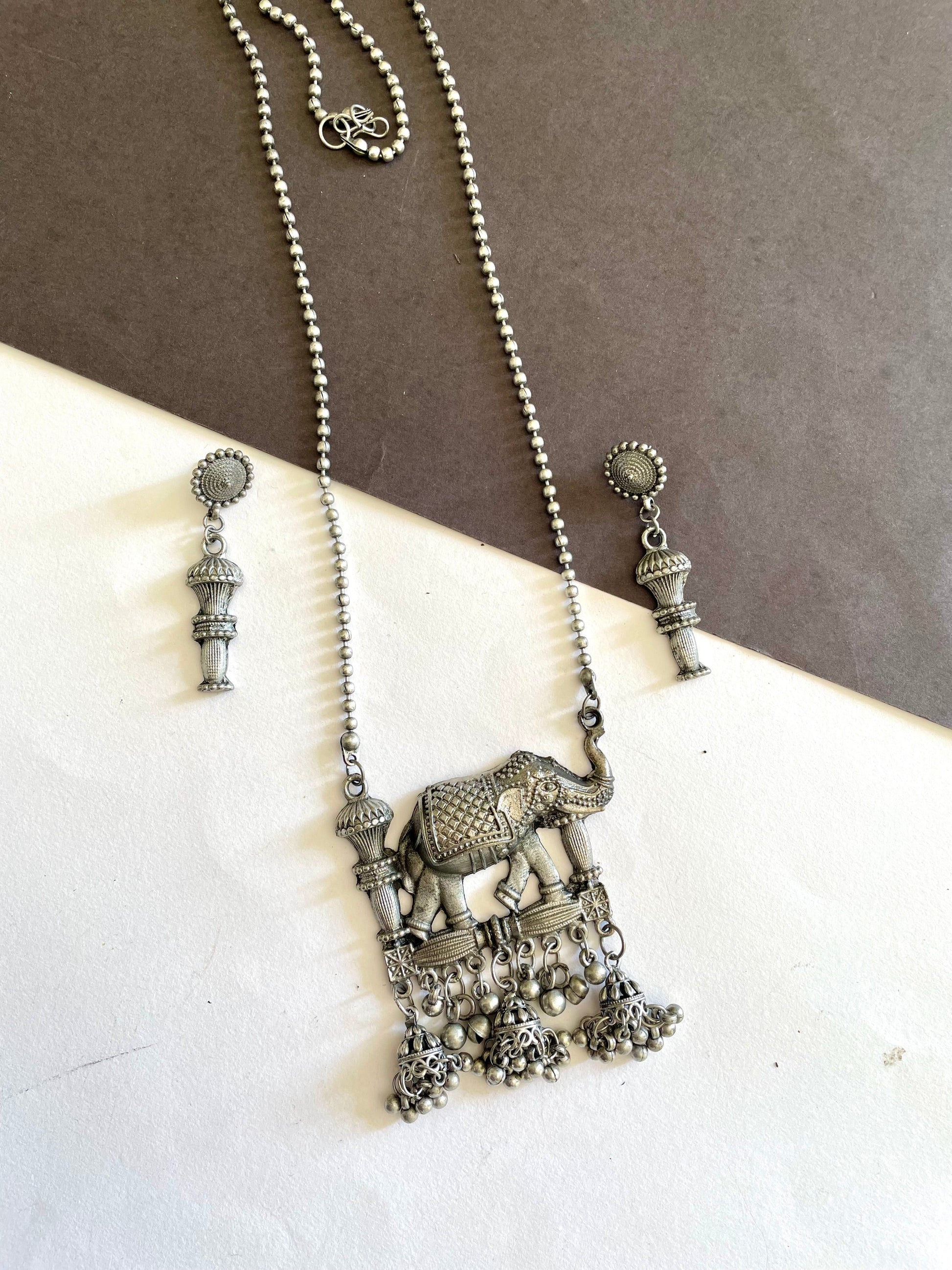 Shop elephant long pendent with earrings at Jewellery Lovers. Anti-tarnish, trendy & perfect for daily or festive wear. Free shipping available. jewellerylovers