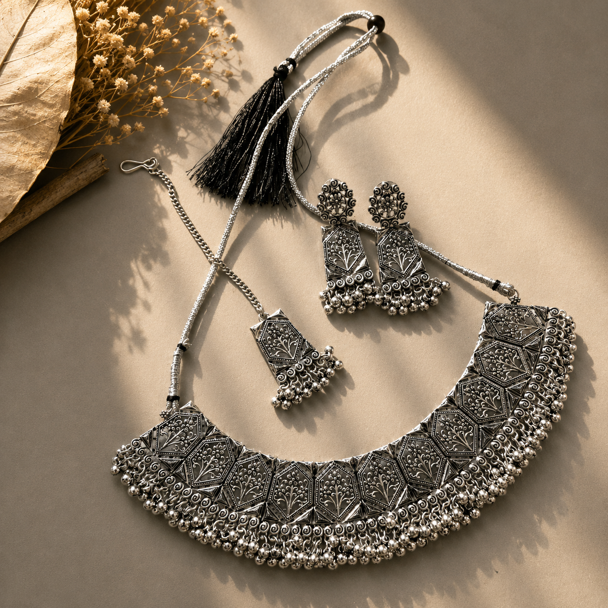 Silver choker necklace with earrings and maangteeka jewellerylovers