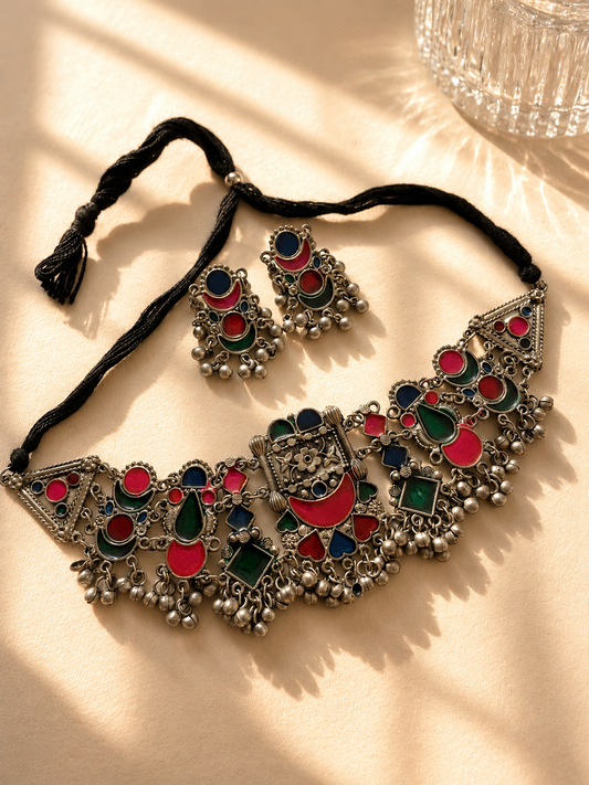 Multicolour afghani choker necklace with earrings jewellerylovers