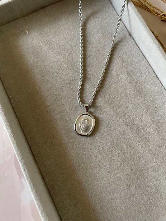 Silver rose stamp necklace