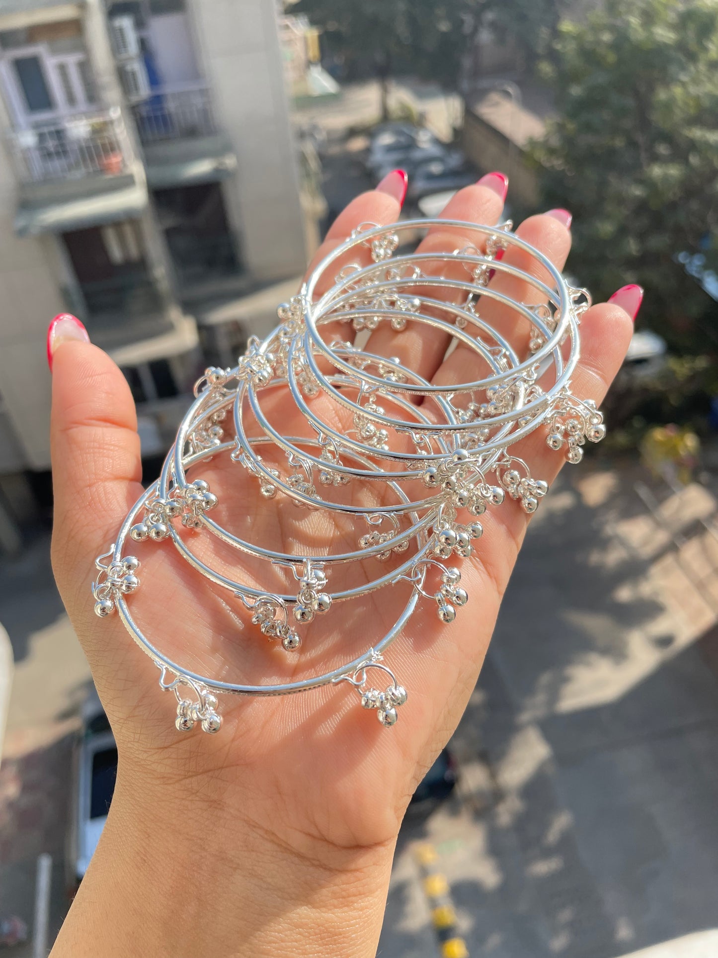 Silver thin ghoongru bangles set