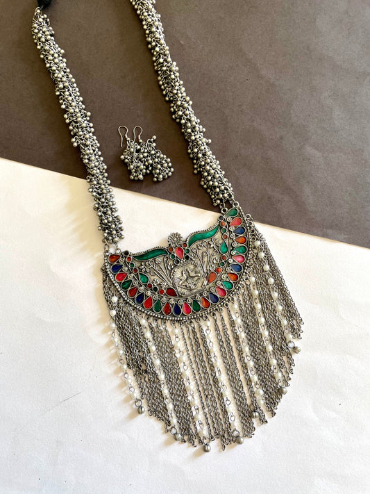 Shop pearl and multicolour long necklace with earrings at Jewellery Lovers. Anti-tarnish, trendy & perfect for daily or festive wear. Free shipping available. jewellerylovers