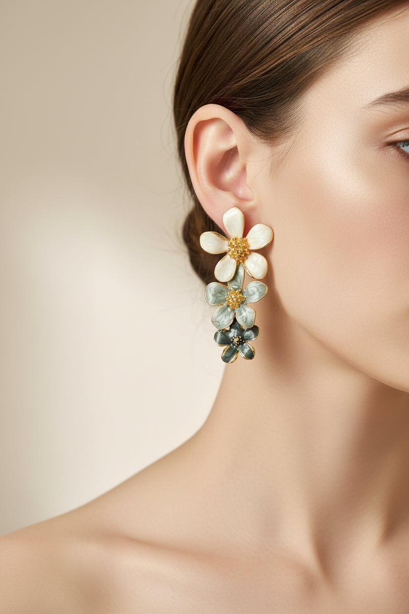 Floral earrings on a white card with 'Fashion Jewelry' text