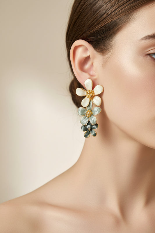 Floral earrings on a white card with 'Fashion Jewelry' text