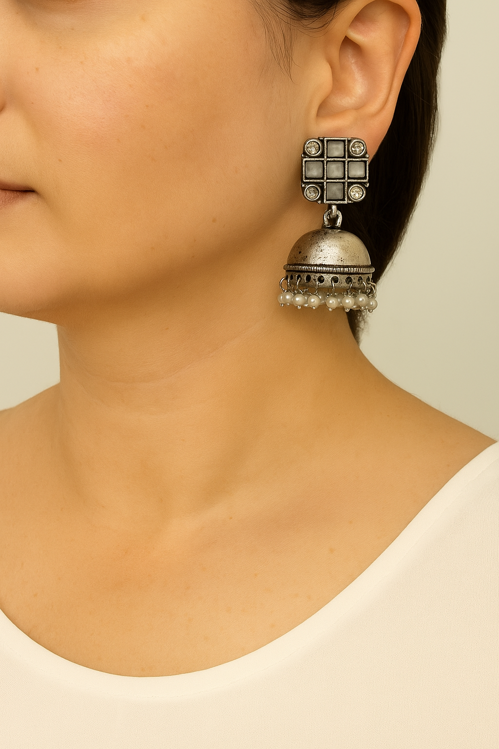 Shop vintage pearl oxidized jhumka - statement ethnic earrings at Jewellery Lovers. Anti-tarnish, trendy & perfect for daily or festive wear. Free shipping avai jewellerylovers
