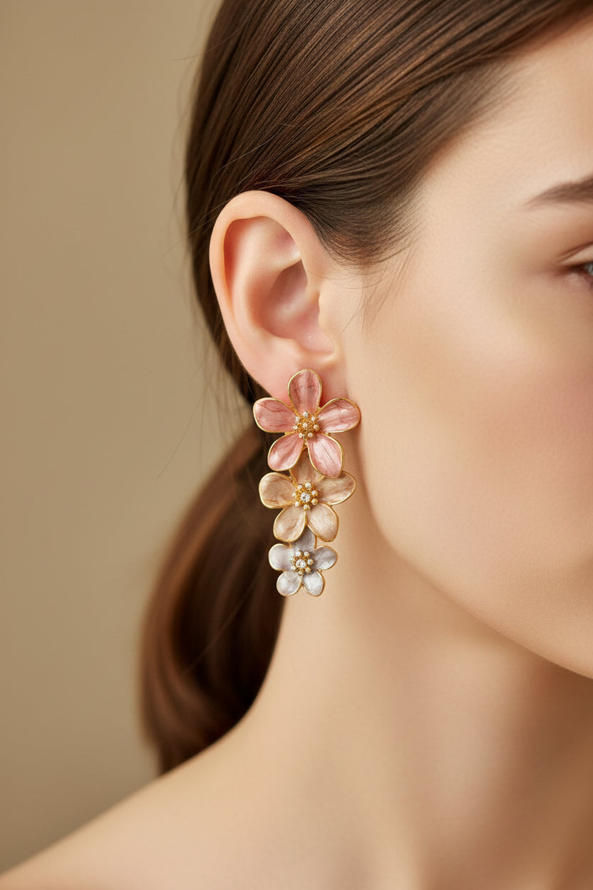 Floral earrings on a clear jewelry card with a light background