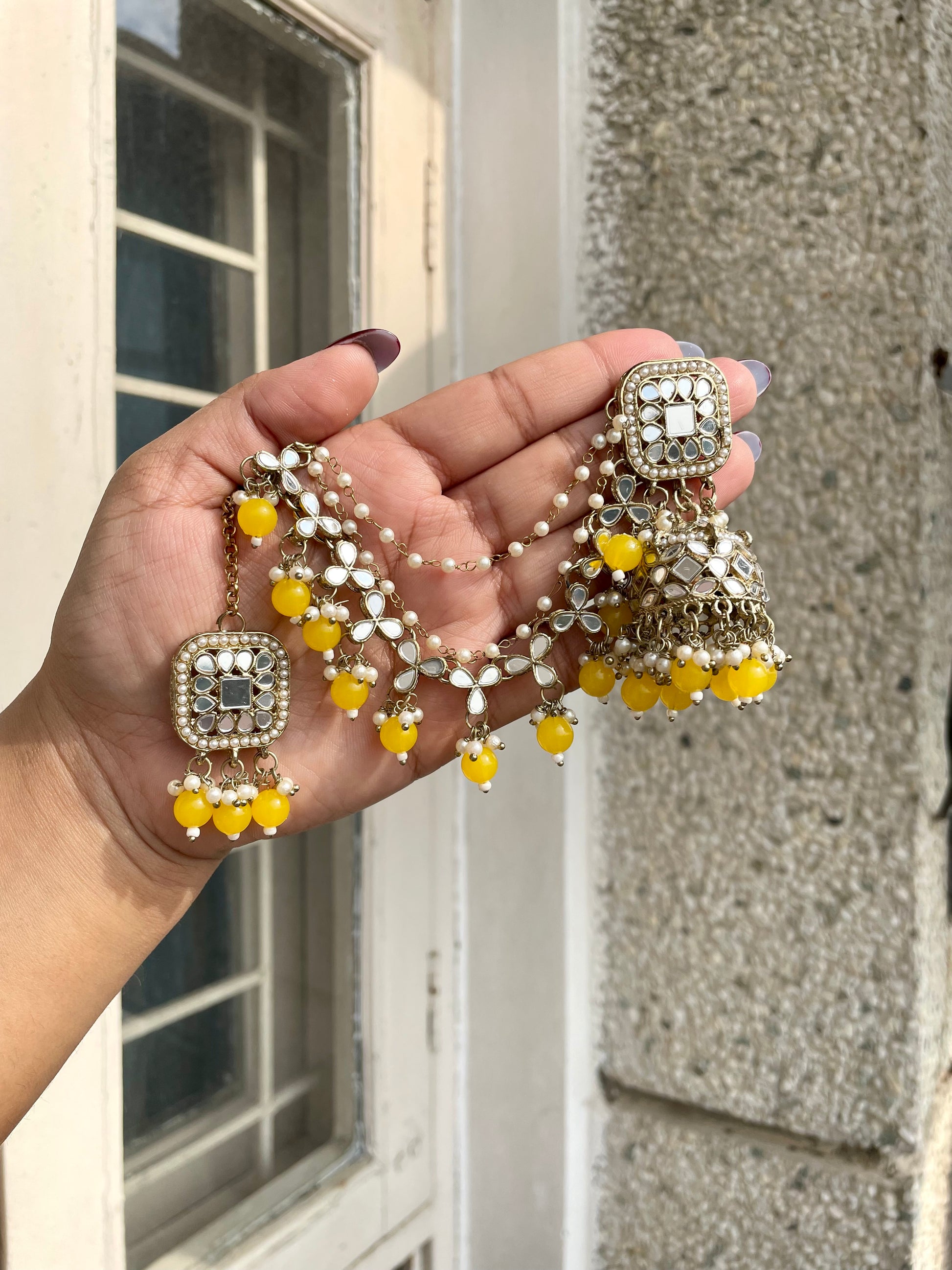 Kundan mirror jhumka with maangteeka and earrings extension jewellerylovers