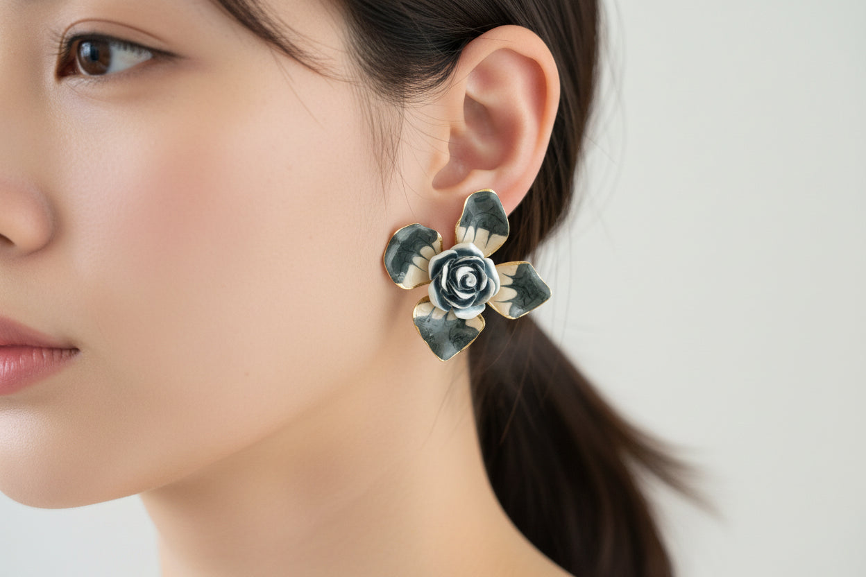 Pair of floral earrings on a 'Fashion Jewelry' card against a white background