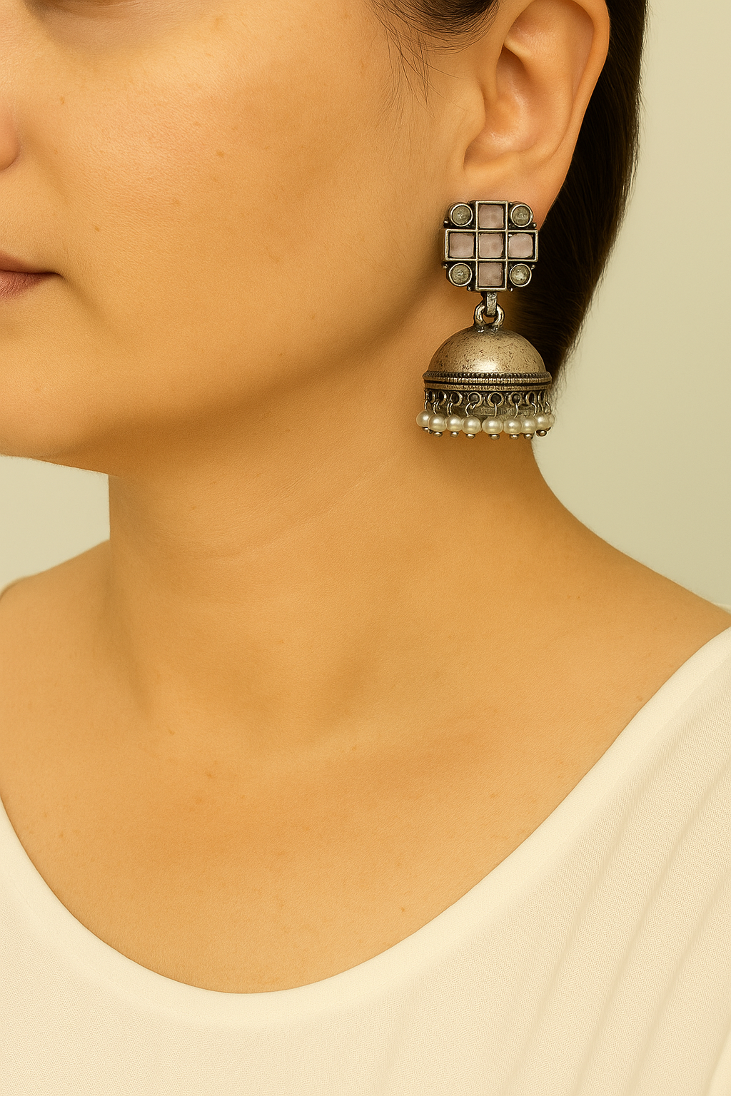 Shop vintage pearl oxidized jhumka - statement ethnic earrings at Jewellery Lovers. Anti-tarnish, trendy & perfect for daily or festive wear. Free shipping avai jewellerylovers
