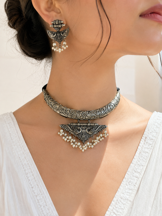 Silver High quality choker necklace with earrings jewellerylovers
