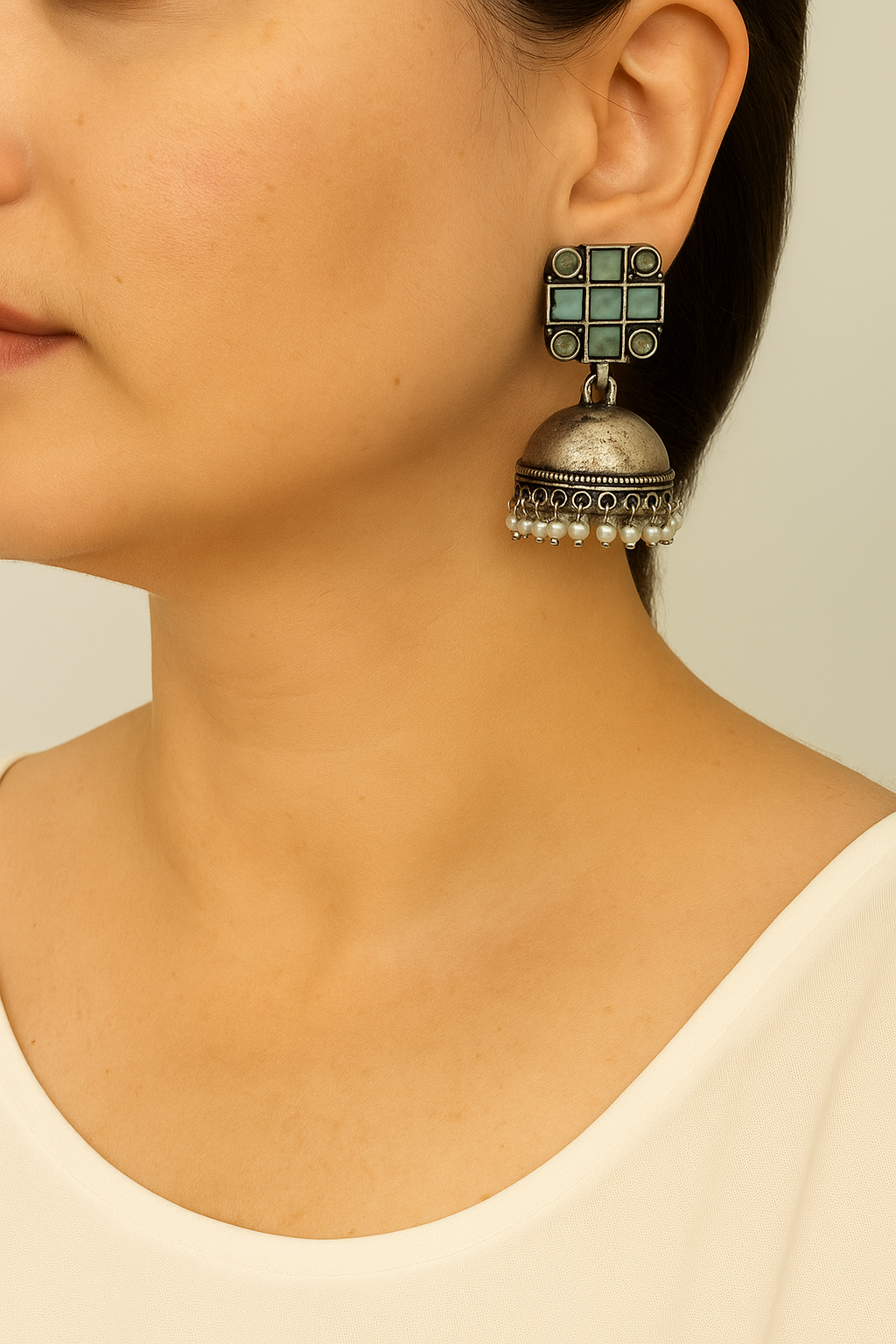Shop vintage pearl oxidized jhumka - statement ethnic earrings at Jewellery Lovers. Anti-tarnish, trendy & perfect for daily or festive wear. Free shipping avai jewellerylovers