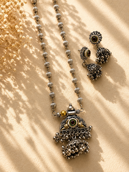 German silver dual tone high quality pendent necklace with jhumka jewellerylovers