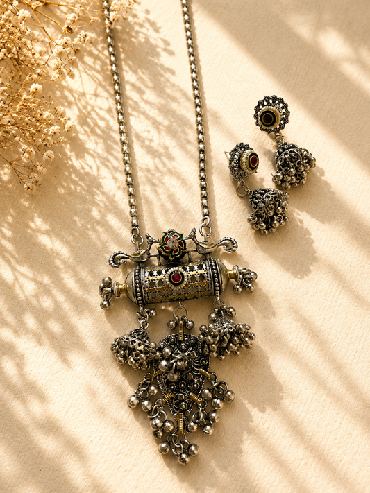 Dual tone high quality brass pendent necklace with earrings jewellerylovers