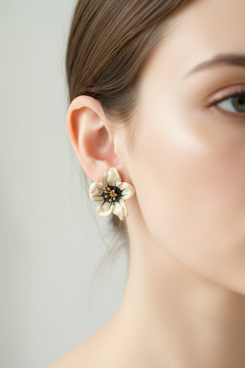 Flower-shaped earrings on a clear card with 'Fashion Jewelry' text against a light background