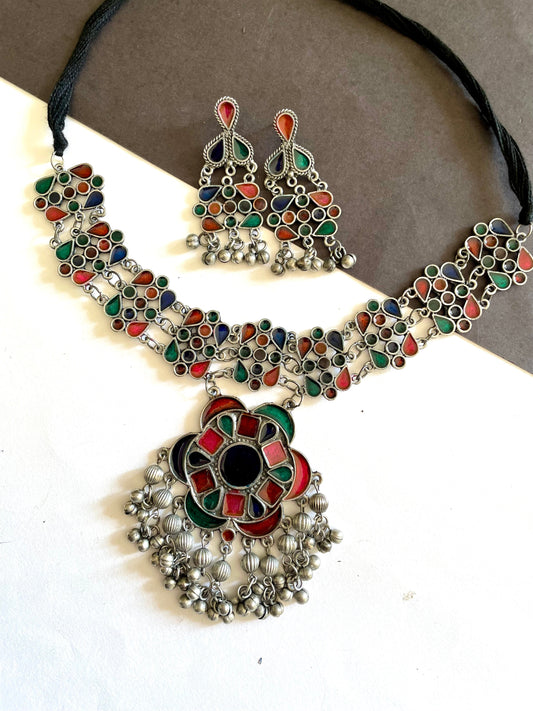 Shop afghani multicolour designer choker set with earrings at Jewellery Lovers. Anti-tarnish, trendy & perfect for daily or festive wear. Free shipping availabl jewellerylovers