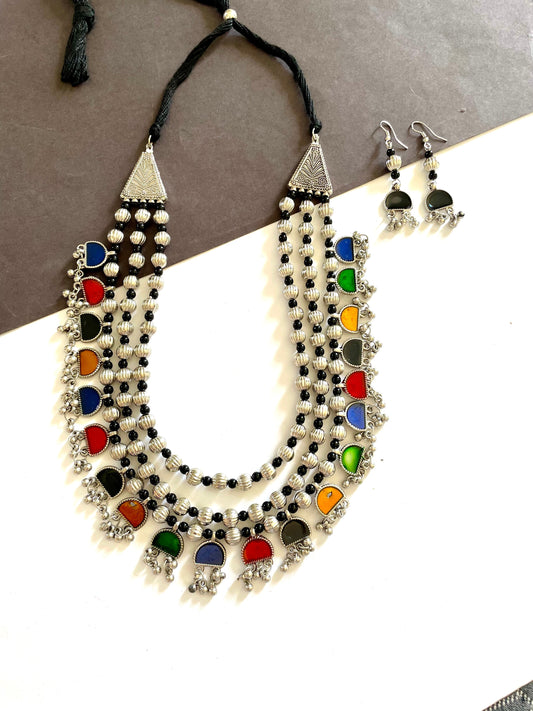 Shop multicolour long navratri necklace with earrings at Jewellery Lovers. Anti-tarnish, trendy & perfect for daily or festive wear. Free shipping available. jewellerylovers