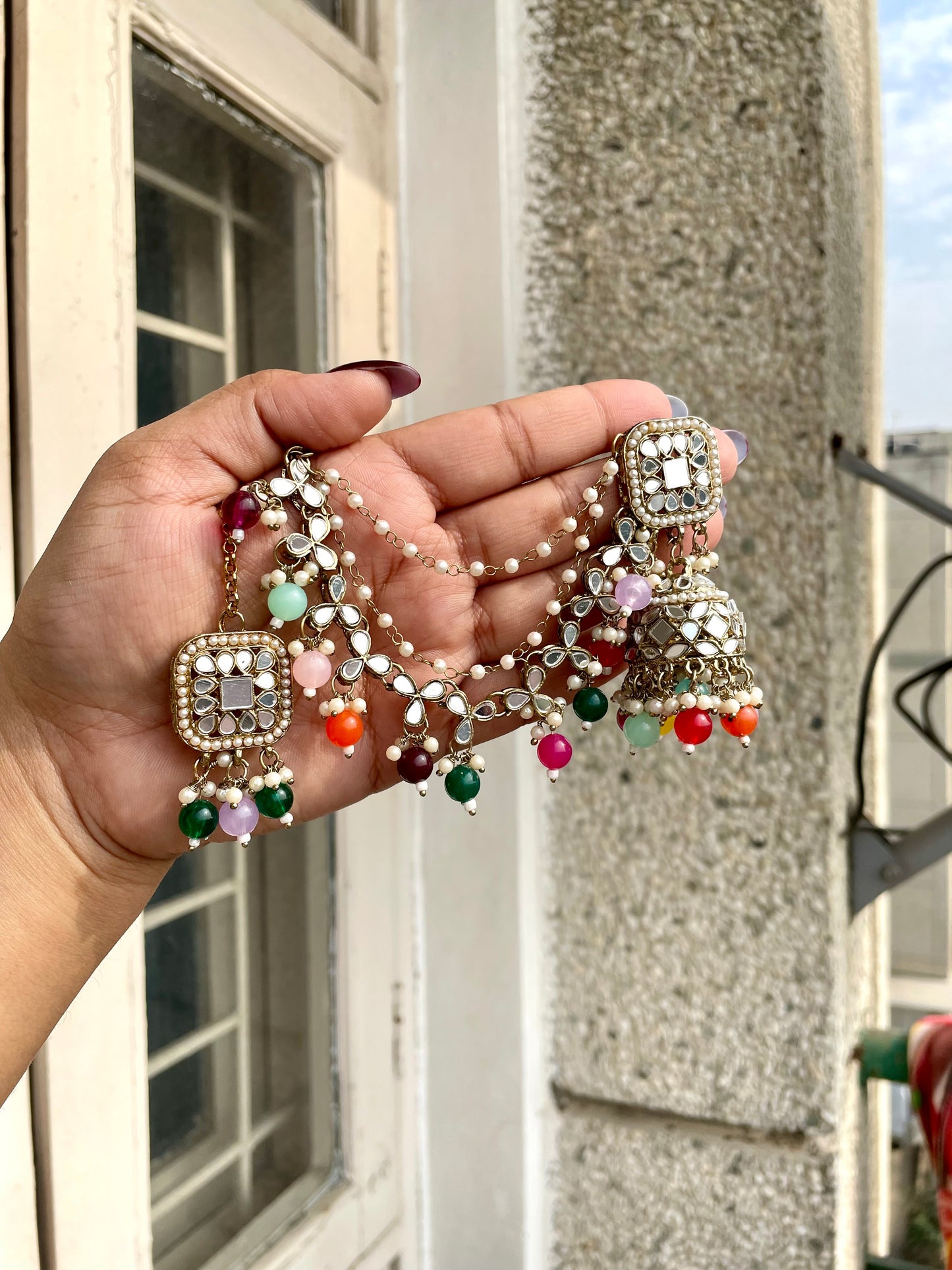 Multicolour glass beaded jhumka with earrings extension and maangteeka jewellerylovers