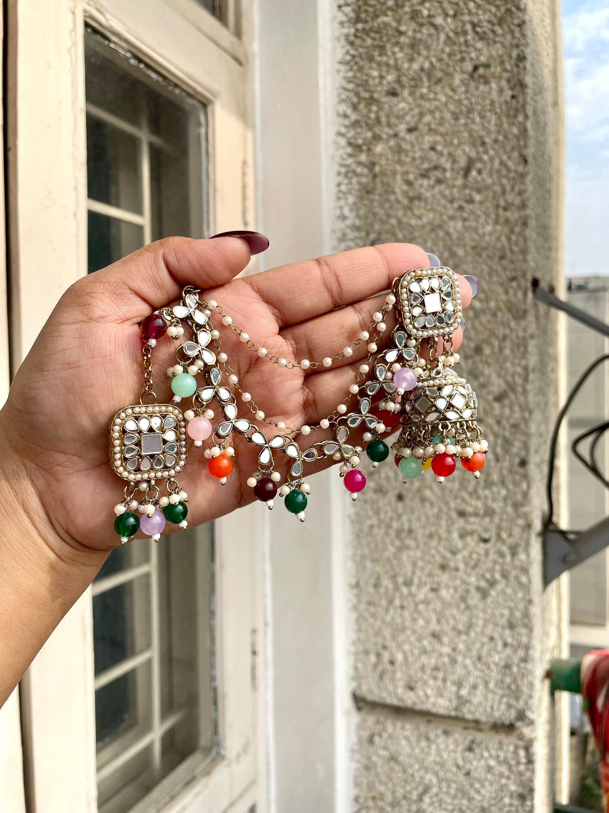 Multicolour glass beaded jhumka with earrings extension and maangteeka jewellerylovers