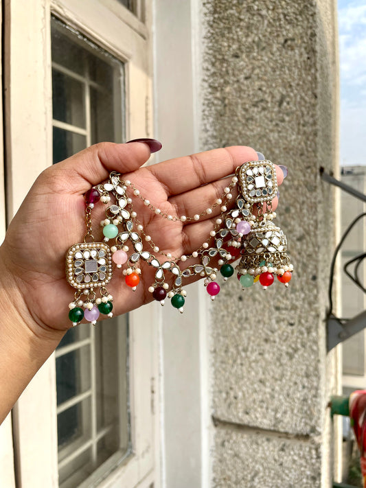 Multicolour glass beaded jhumka with earrings extension and maangteeka jewellerylovers