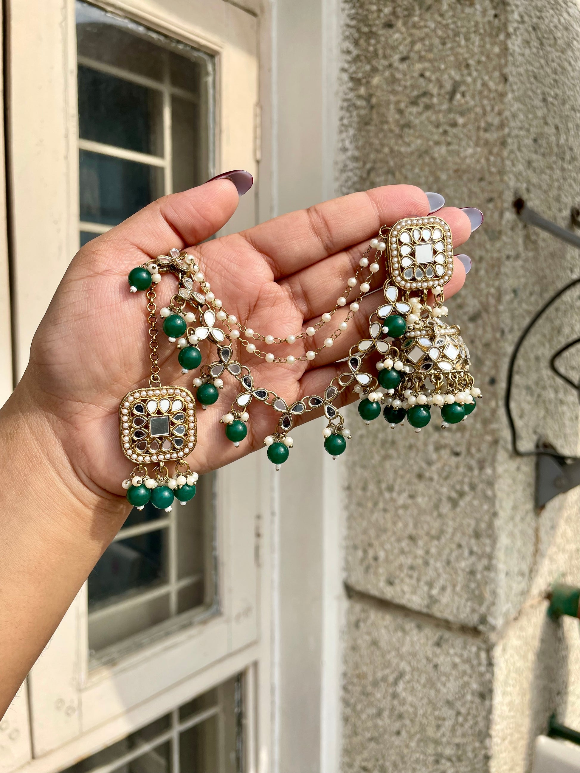 Kundan mirror jhumka with earrings extension with maangteeka jewellerylovers