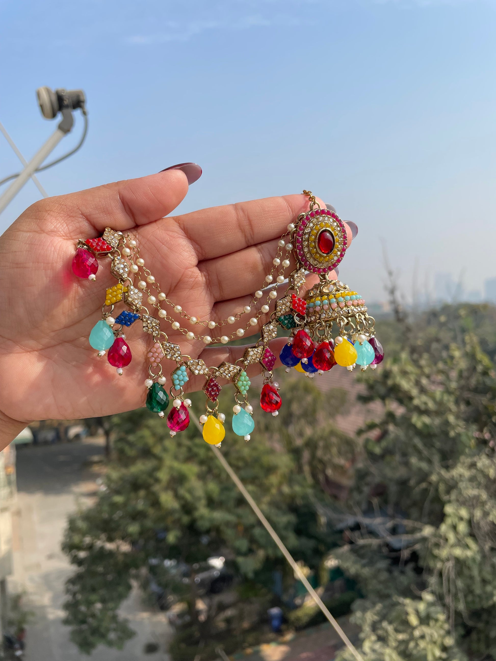 Multicolour jhumka with extension earchains jewellerylovers
