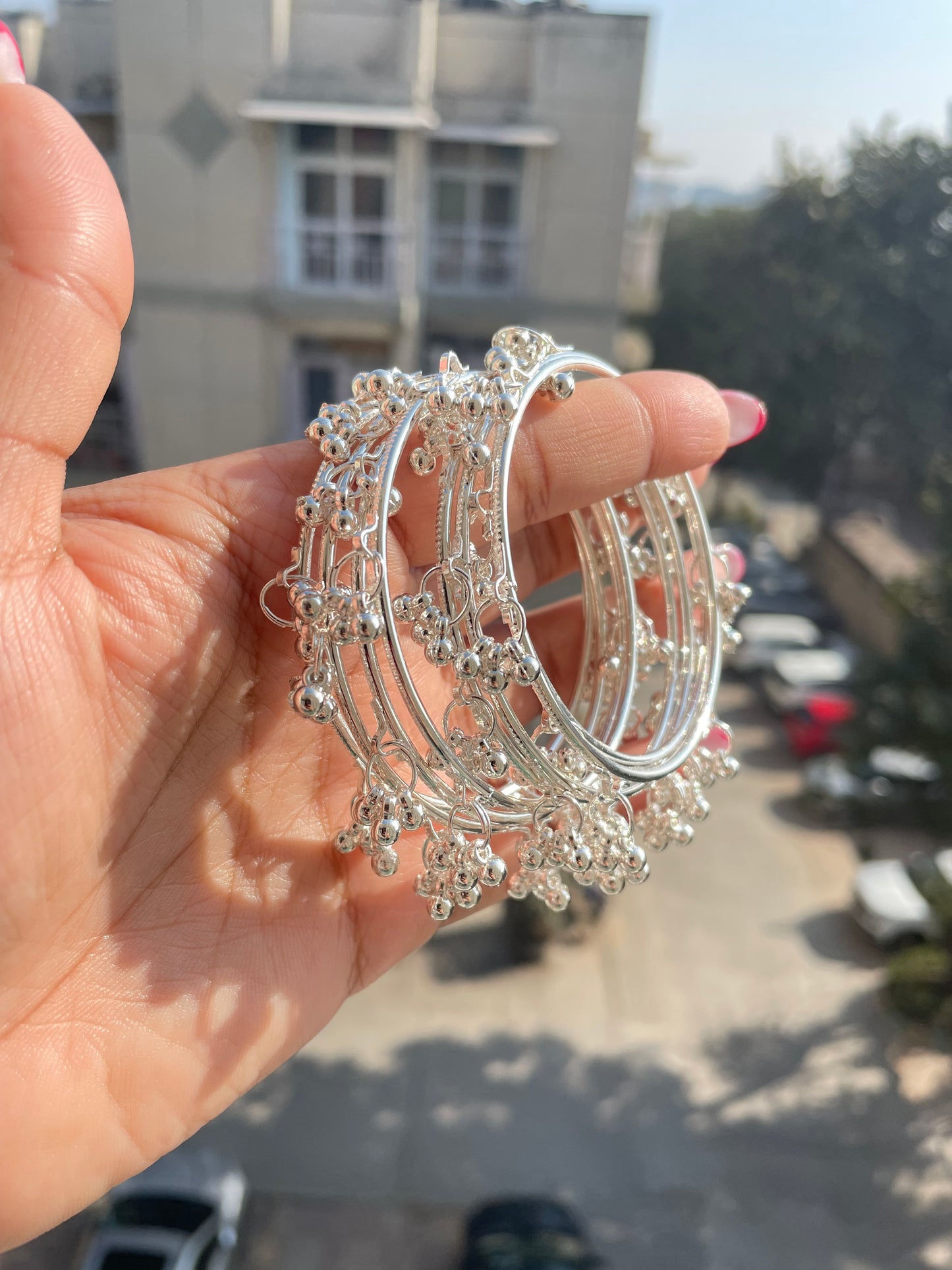 Silver thin ghoongru bangles set