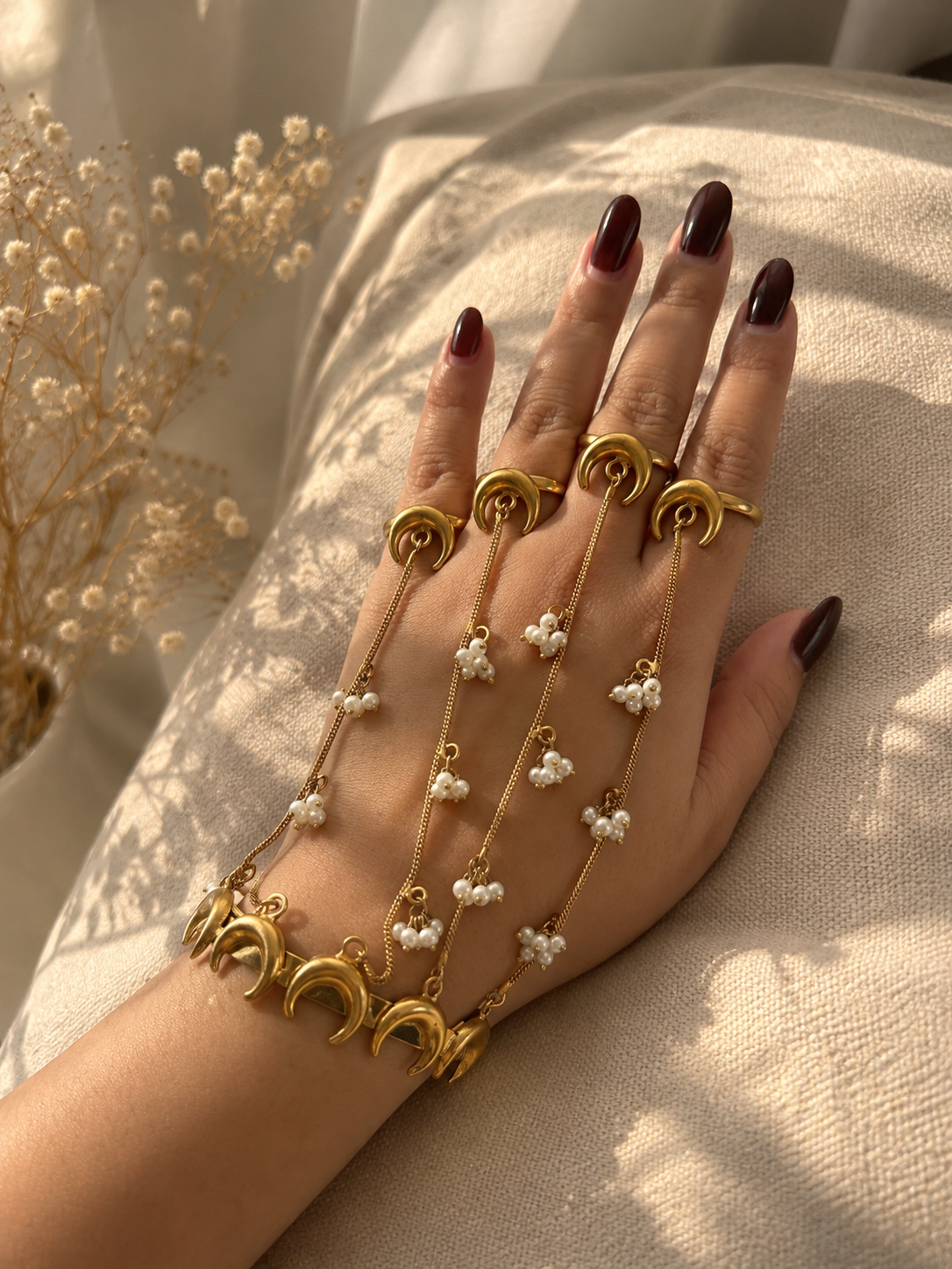 Brass hathphul all pearls 4 finger Rings (adjustable) Pair jewellerylovers