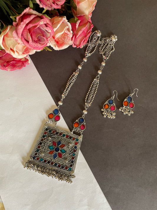 Shop multicolour long necklace with hanging earrings at Jewellery Lovers. Anti-tarnish, trendy & perfect for daily or festive wear. Free shipping available. jewellerylovers