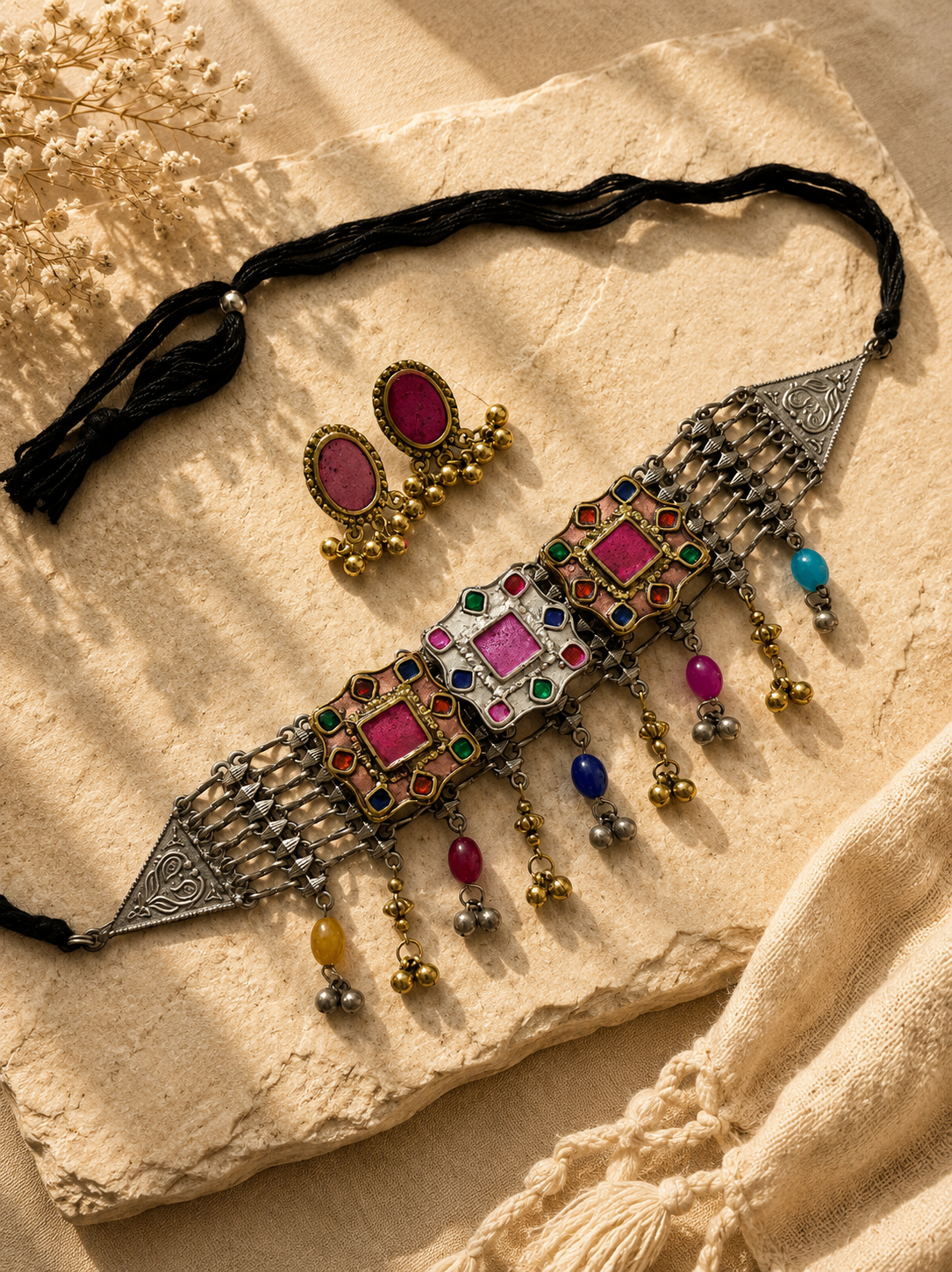 Afghani multicolour high quality choker necklace with earrings jewellerylovers