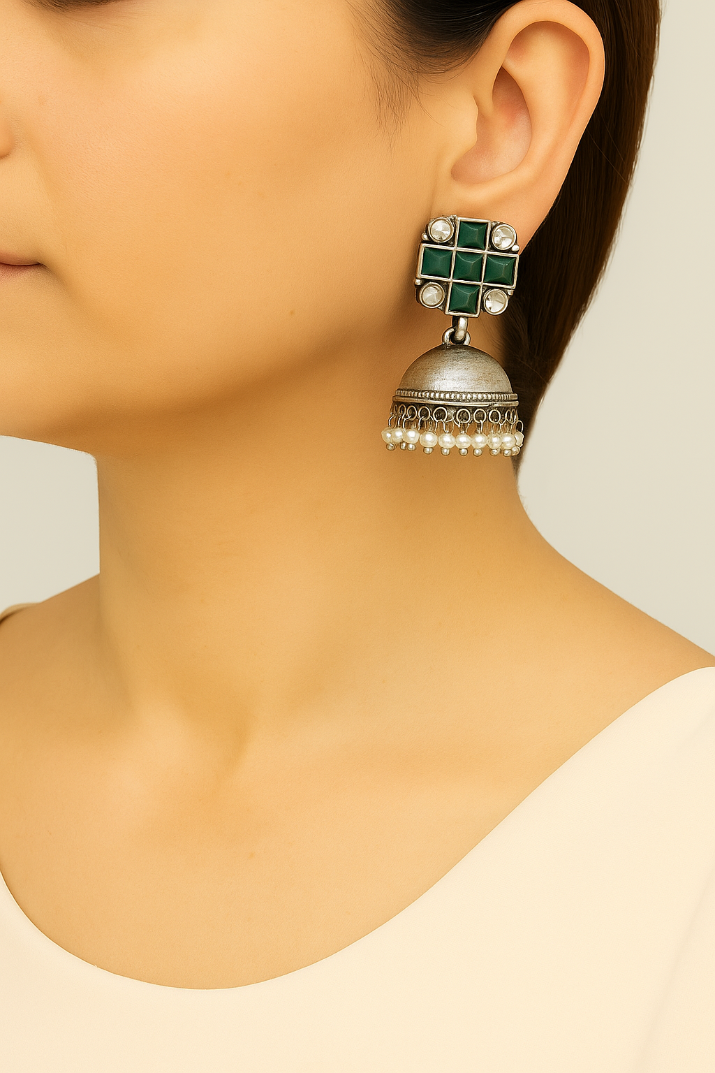 Shop vintage pearl oxidized jhumka - statement ethnic earrings at Jewellery Lovers. Anti-tarnish, trendy & perfect for daily or festive wear. Free shipping avai jewellerylovers