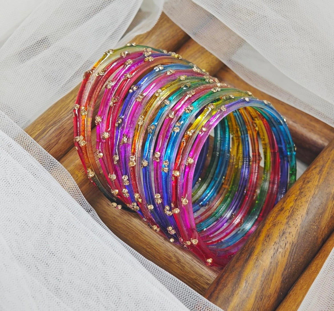 Glittery Multicolour Kashmiri Glass Bangles set of 16 bangles jewellerylovers