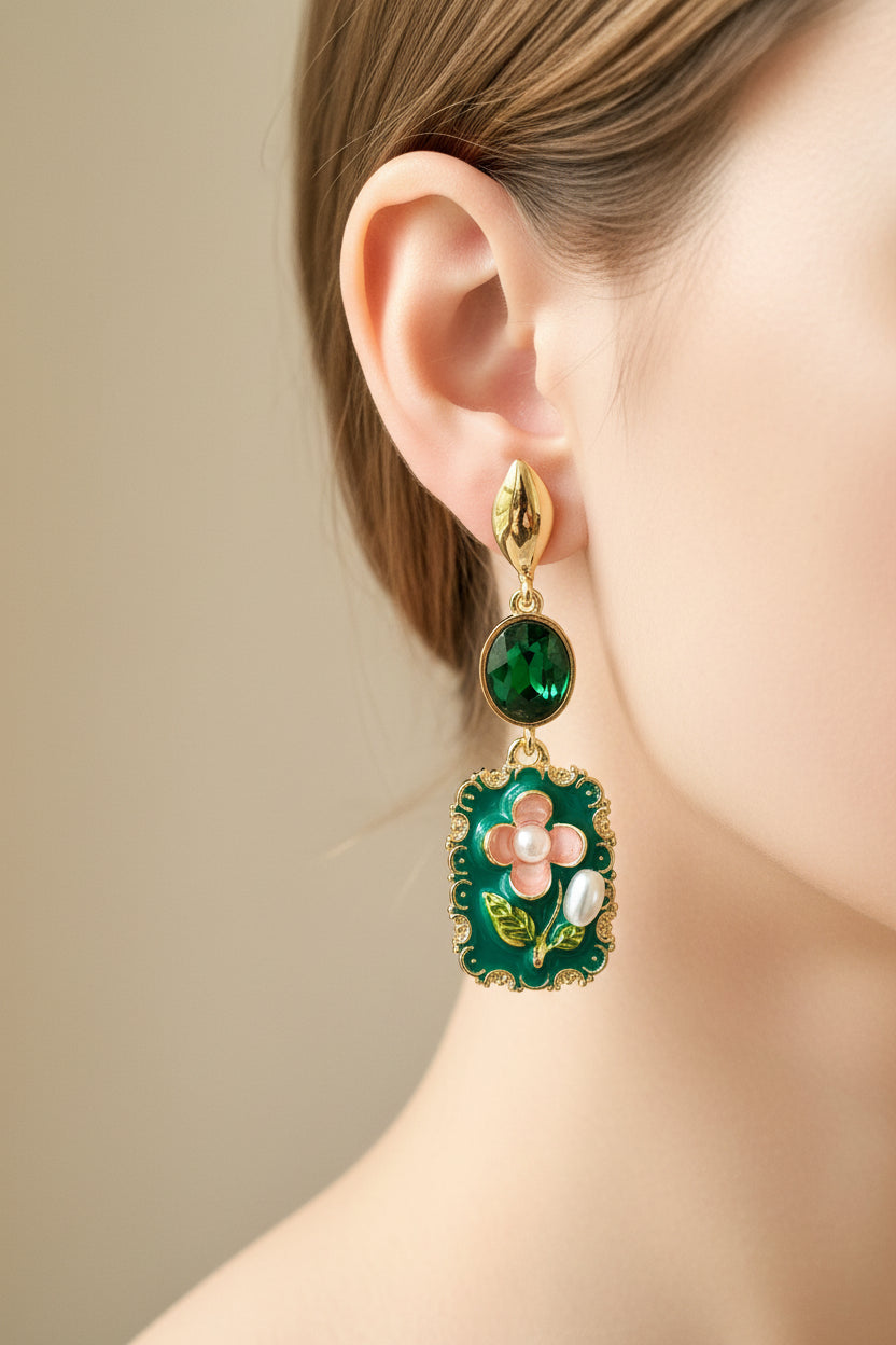 Pair of green floral earrings on a white card with 'Fashion Jewelry' text.