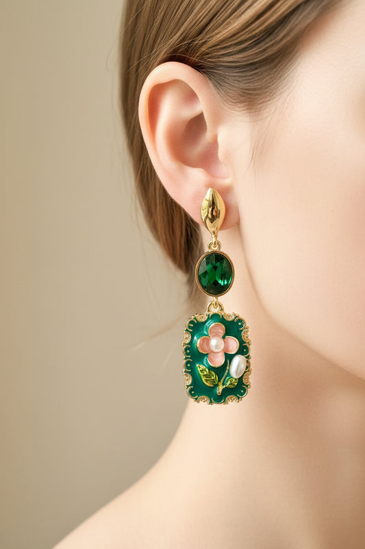 Pair of green floral earrings on a white card with 'Fashion Jewelry' text.